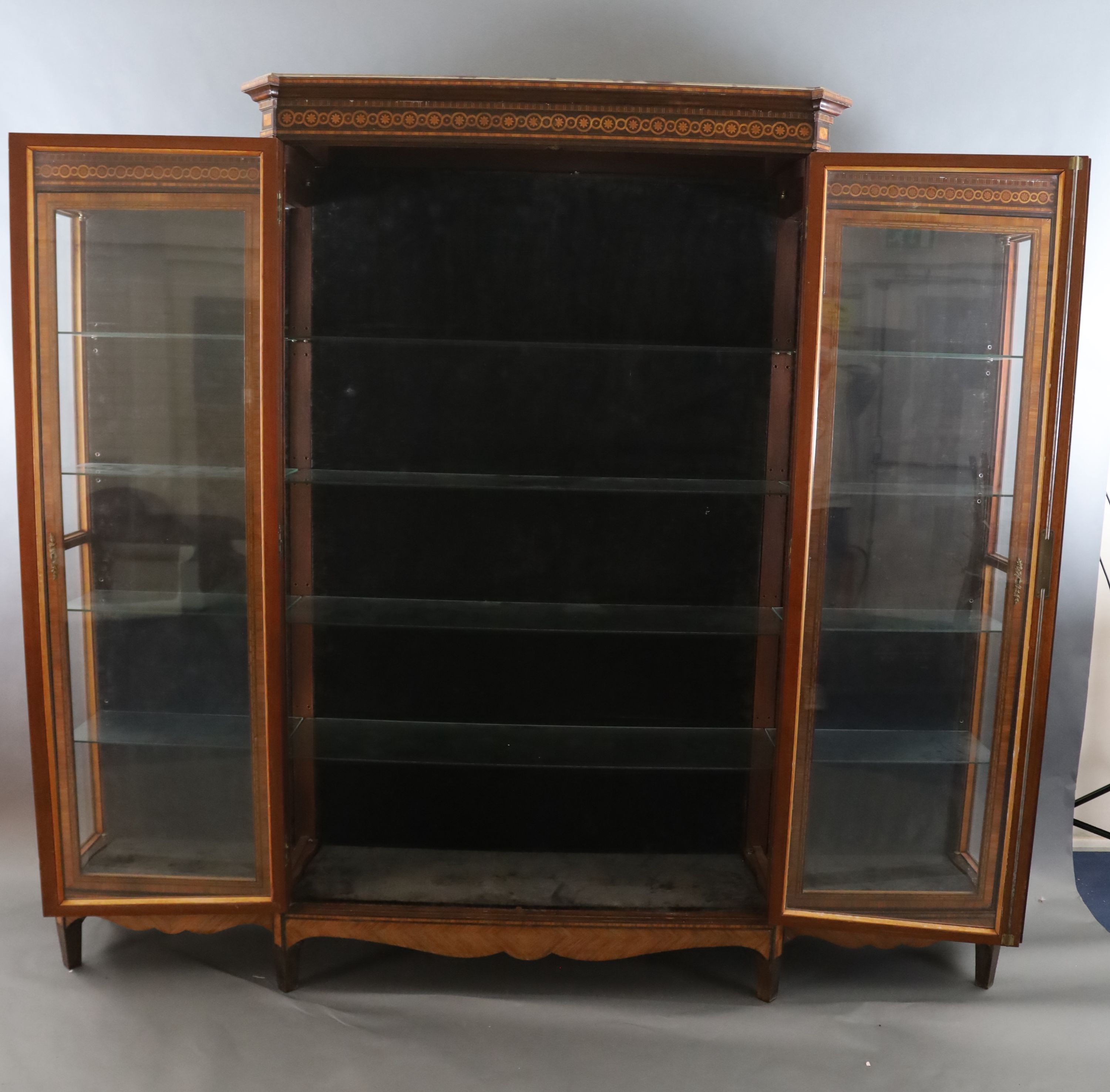 A large 19th century French Louis Philippe period kingwood and marquetry vitrine, W.8ft 4in. D.1ft 5in. H.7ft 4in.